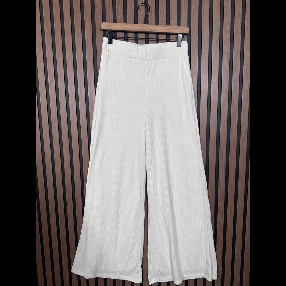 New Olia Pants Medium Womens White Ribbed Pull On Fabric Stretch Wide Leg